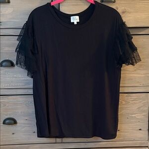 Ava James black shirt with ruffle sleeves sz L